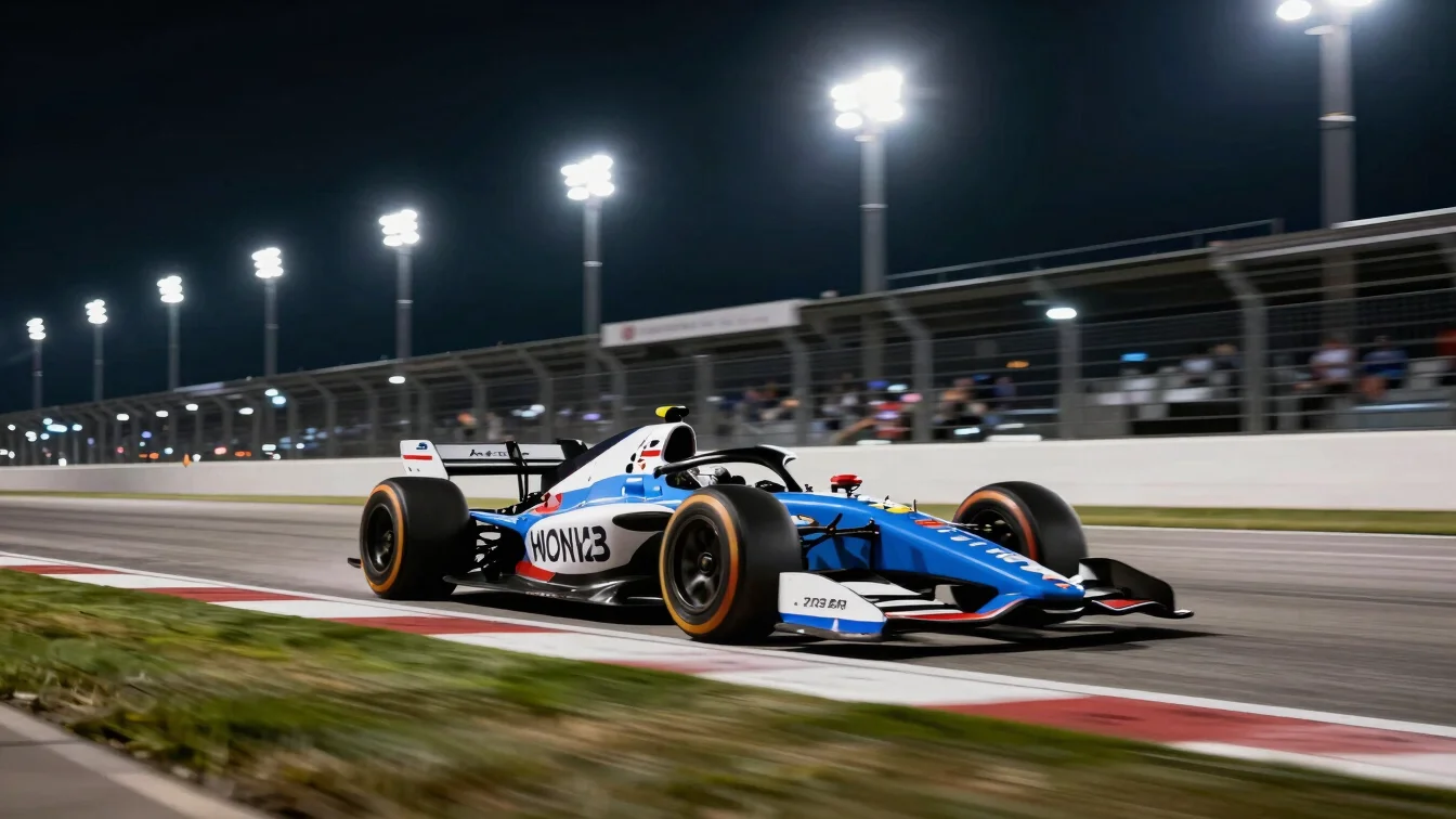 Night racing at Daytona, sports car under crisp stadium floodligh