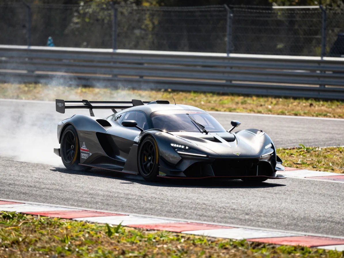 Low-angle telephoto shot of a sleek Hypercar prototype cornering
