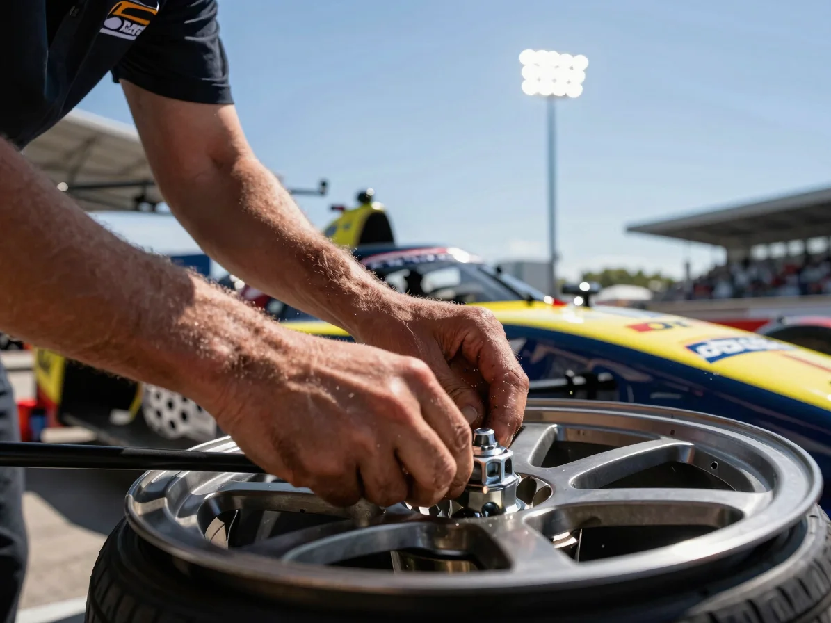 Tight macro shot of a pit crew member's hands working on a wheel