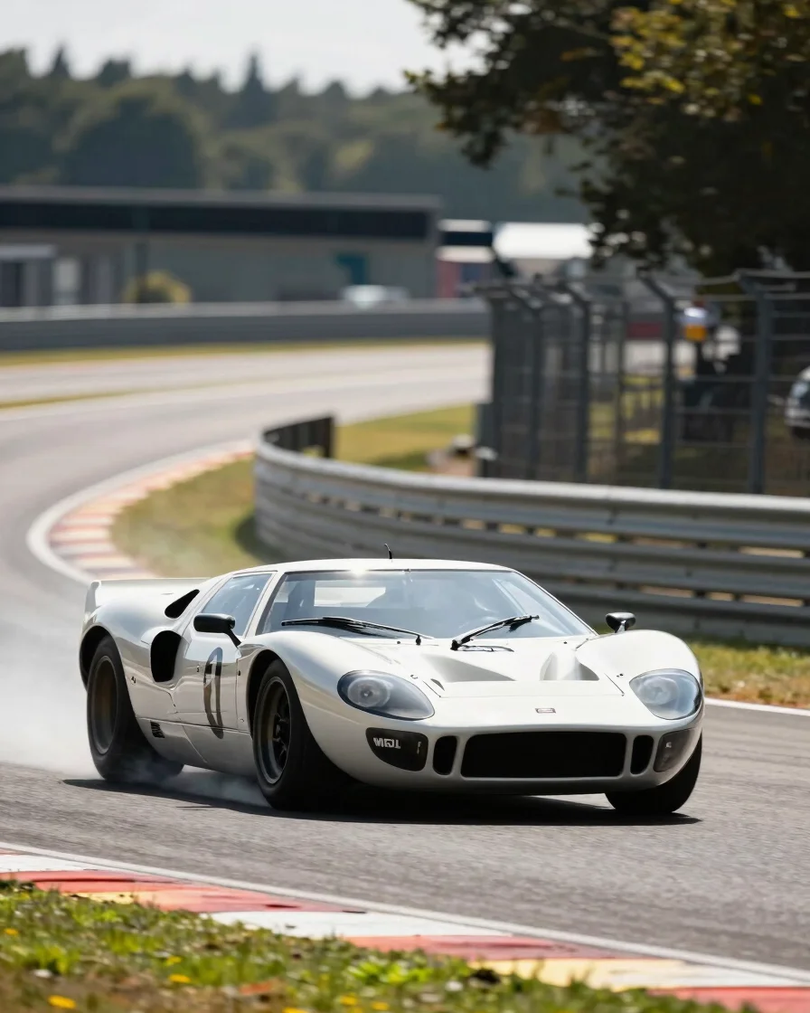Vintage racing car, a Ford GT40, speeding on the Mulsanne Straight at Le Mans, telephoto compression, high-contrast sunl
