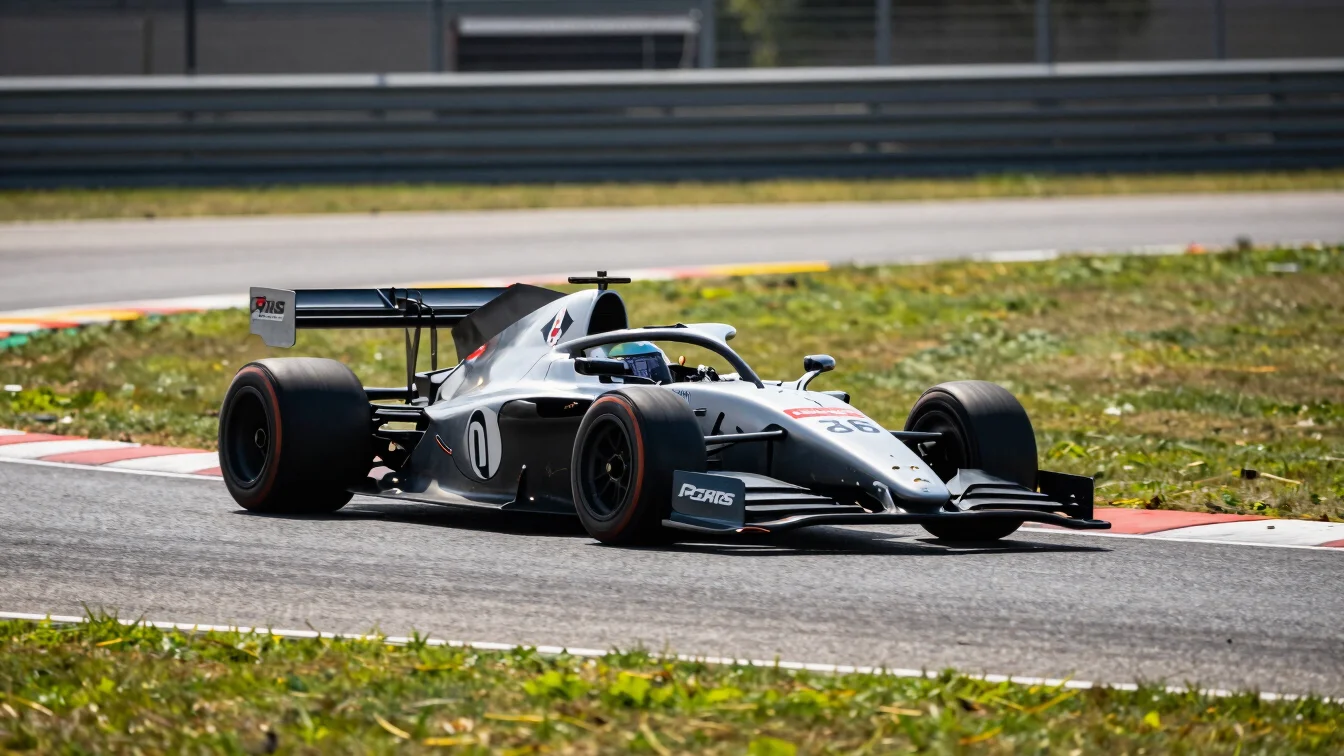 High-speed sports car cornering on a race track, telephoto lens,