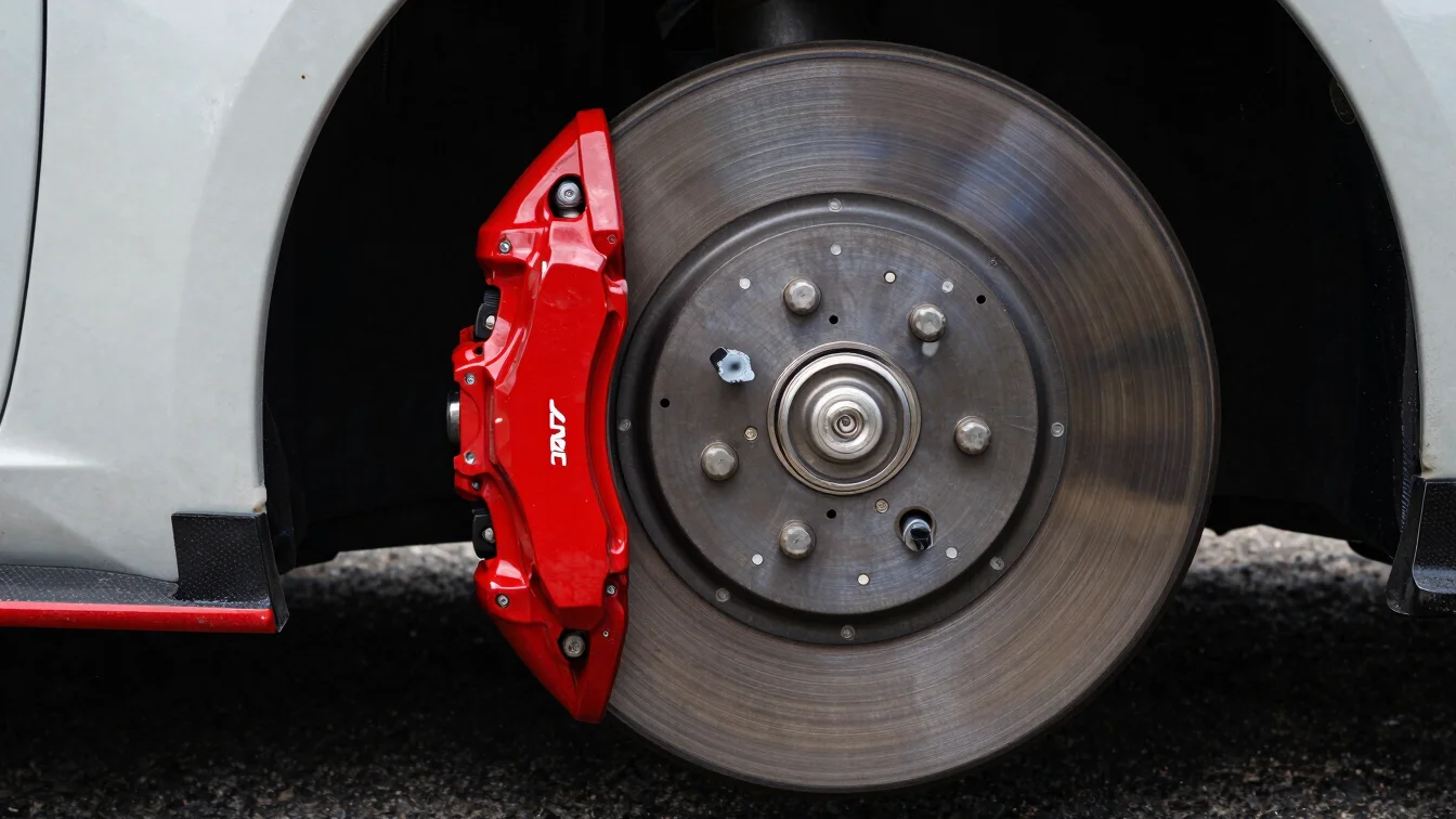 Close-up of a racing brake caliper and disc glowing red after hea
