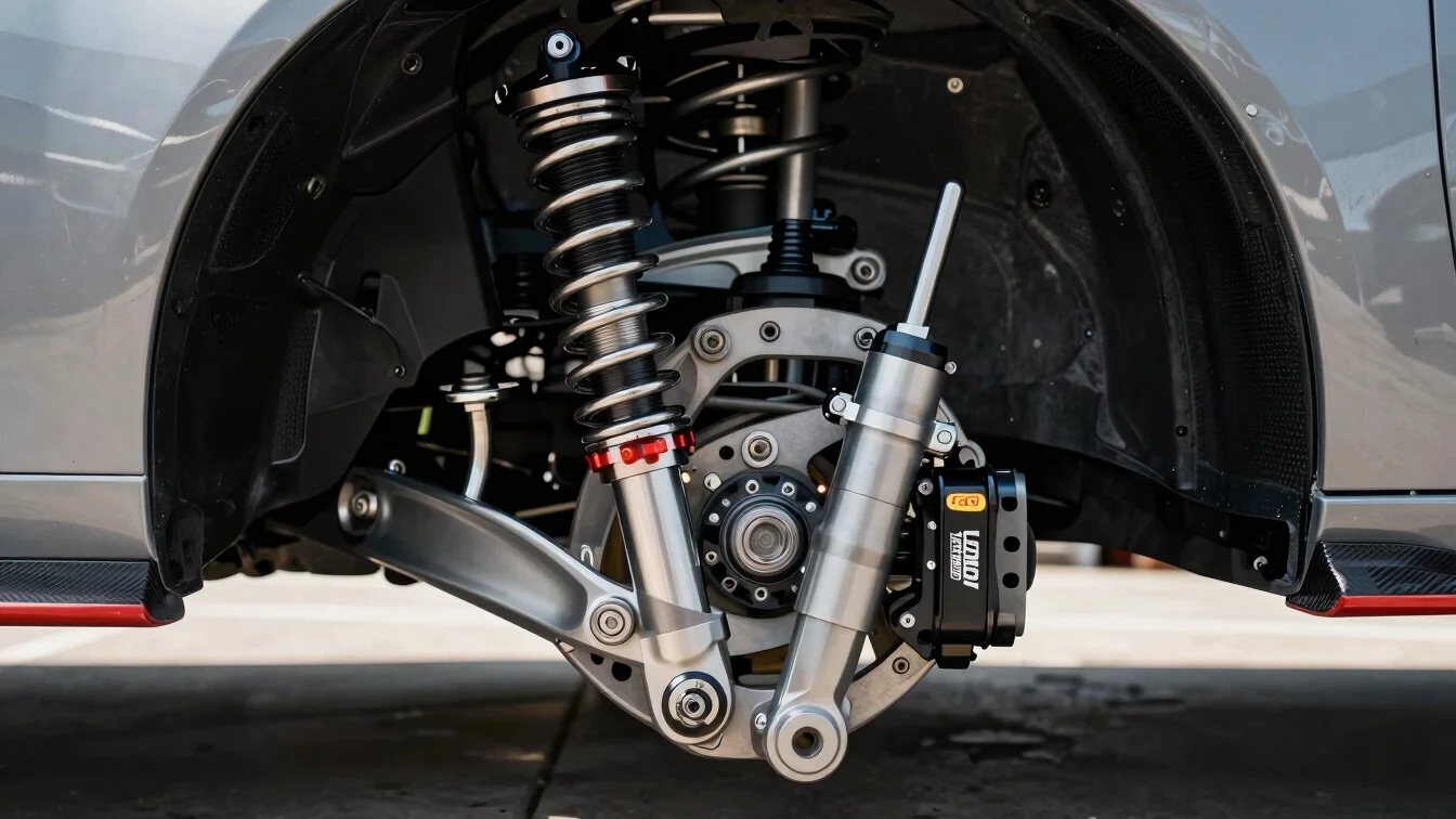Detailed shot of a performance car's suspension system, showing c