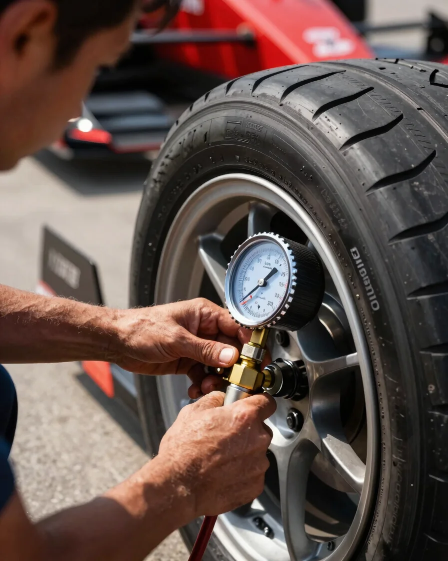 Close-up of a mechanic's hands adjusting a tire pressure gauge on