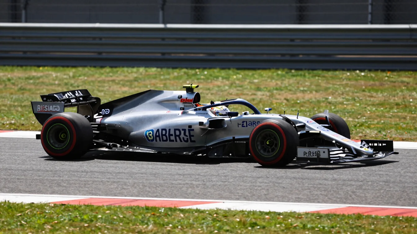 Formula 1 car on track, sharp exterior profile, high-contrast sun