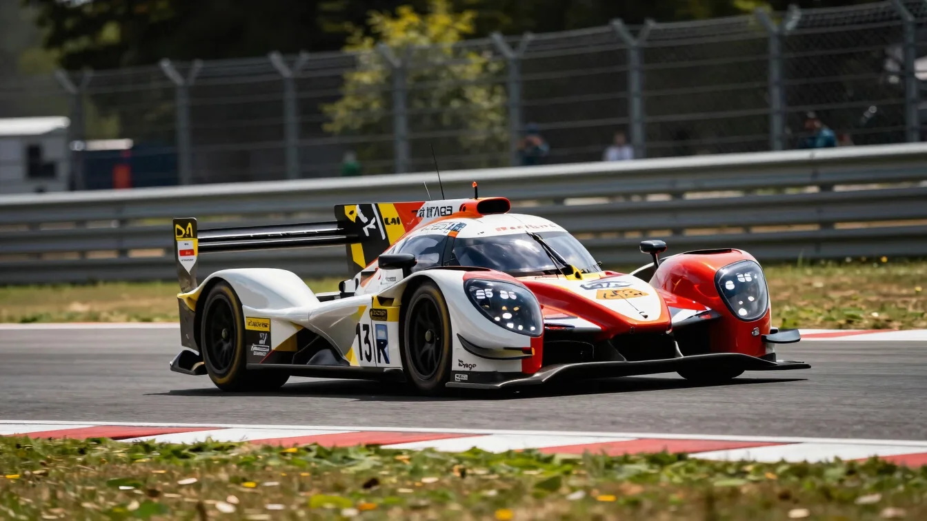 Endurance racing sports car at Le Mans, high-contrast sunlight, d