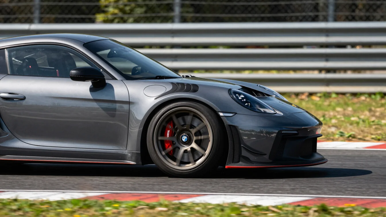 Performance car on a track day, sharp exterior profile, high-cont