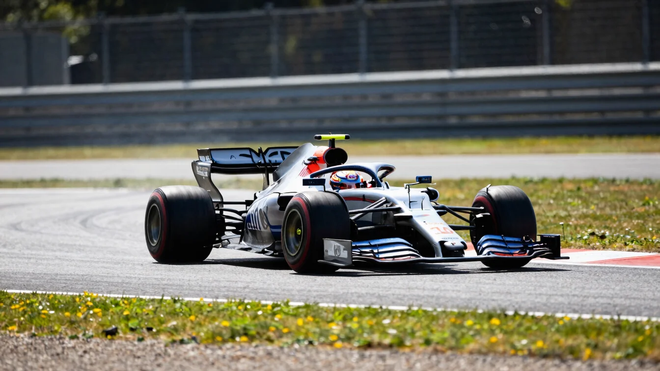 F1 car accelerating out of a corner, high contrast, sharp focus, 35mm telephoto, direct sunlight, heat haze, Silverstone