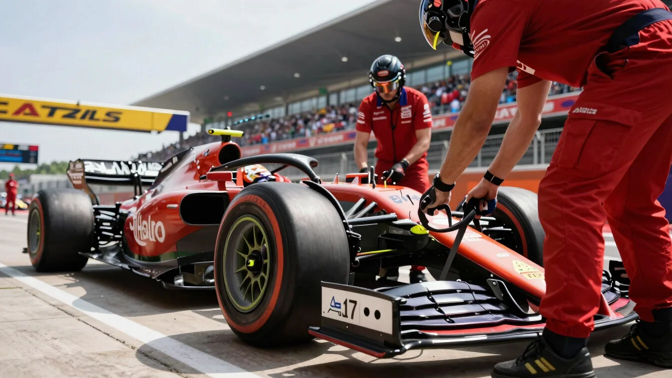 F1 pit crew performing a tire change, fast shutter, detailed technical work, bright stadium lights, low angle