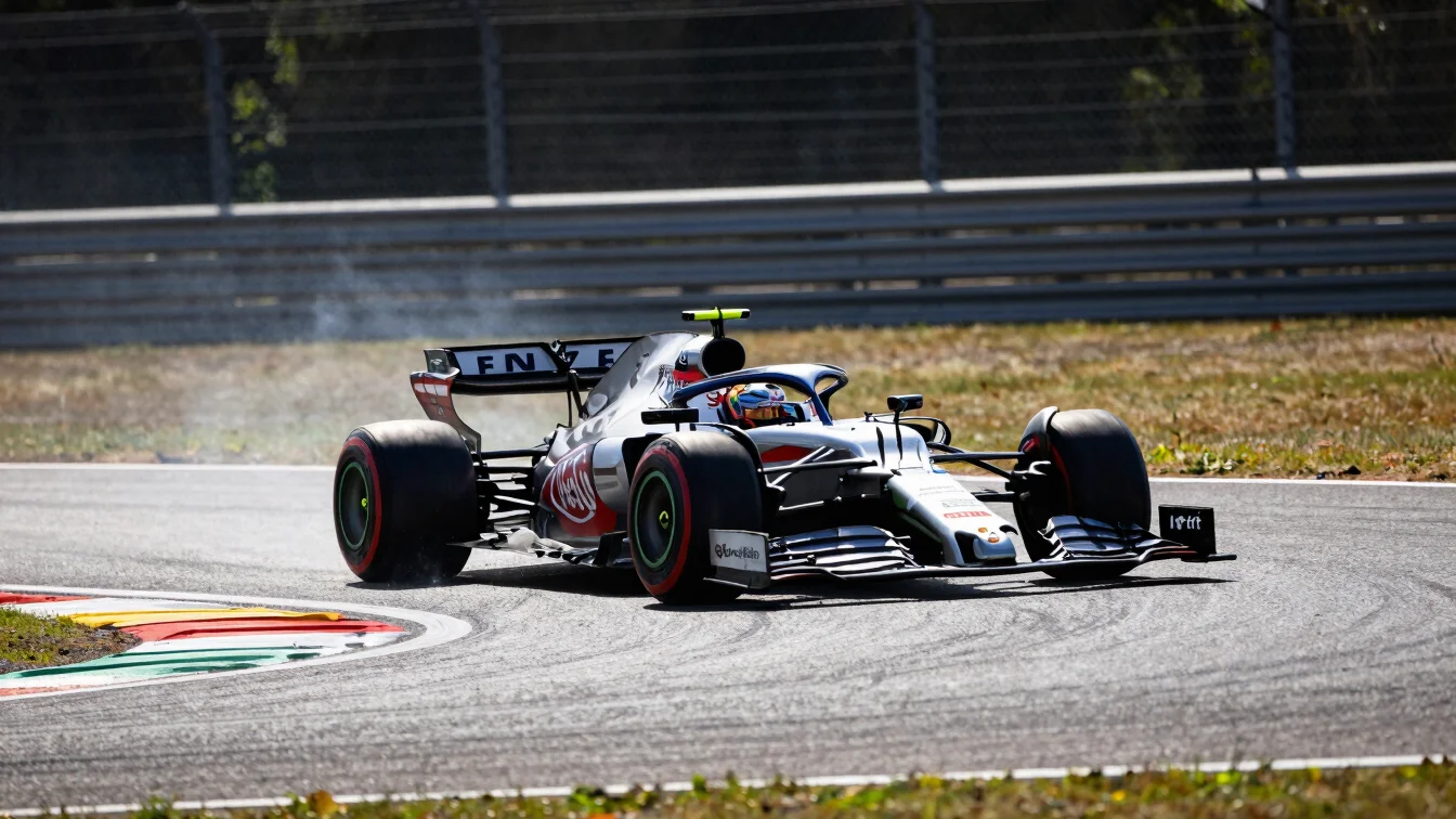 High-contrast direct sunlight on tarmac, Formula 1 car exiting a
