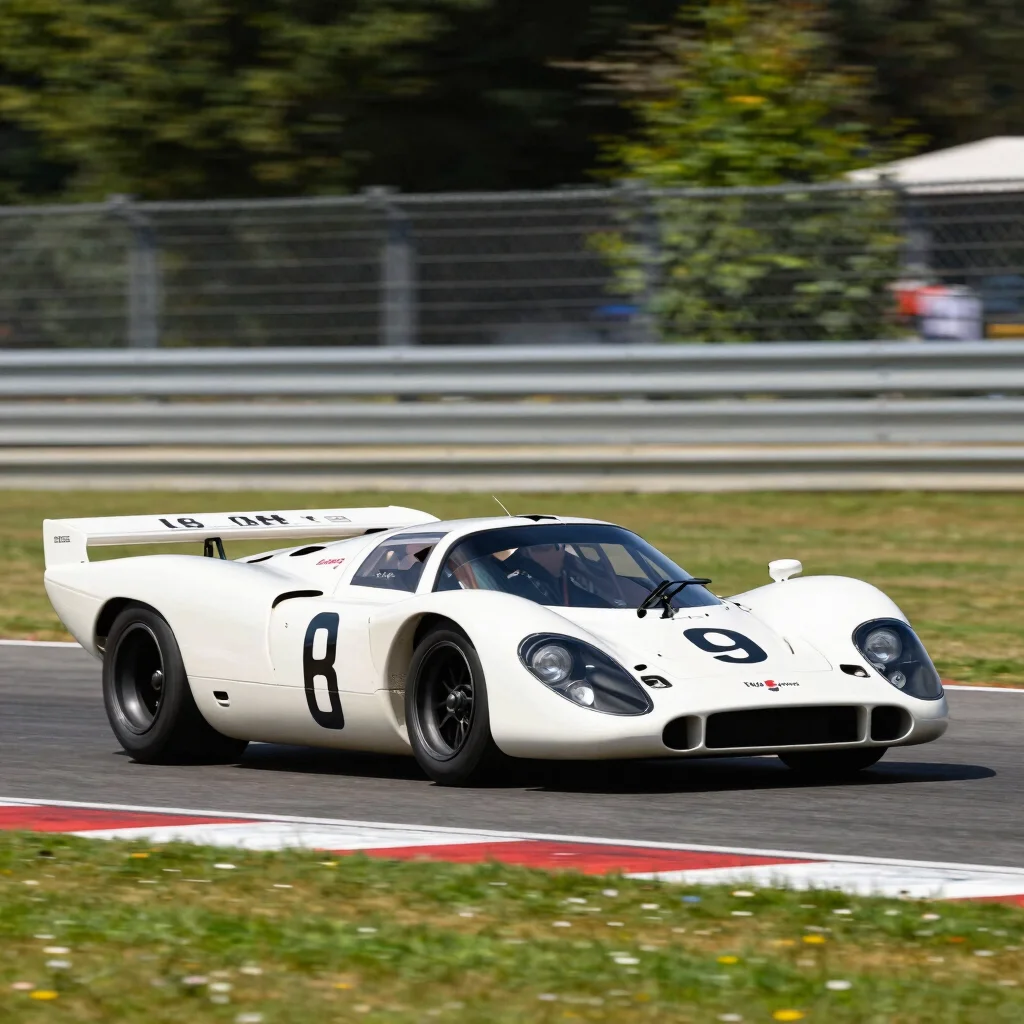 Vintage Porsche 917 long-tail at speed, telephoto compression, rich vivid tones, Le Mans track.