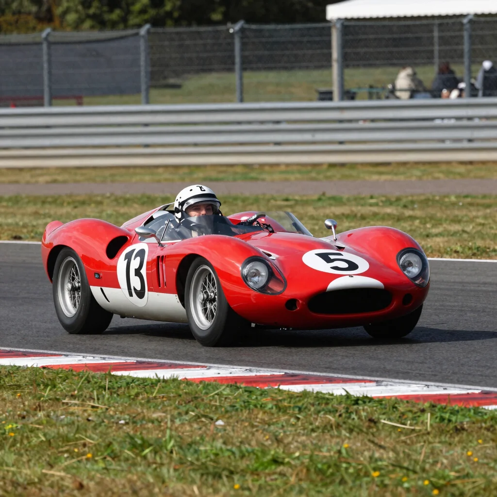 Jaguar D-Type, classic racing car, cornering hard, Silverstone circuit, telephoto.