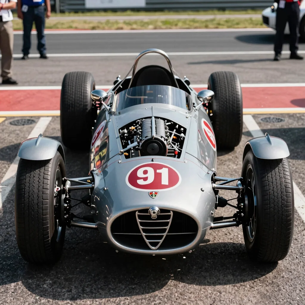 Alfa Romeo Tipo 33, historic racing car, detailed engine bay, pit lane, high-contrast.
