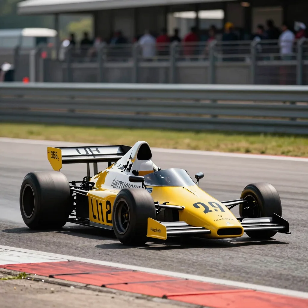 Classic Formula 1 car, a Lotus 72, sharp exterior profile, pit lane, high-contrast sunlight.